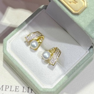 Zhuji Pearl 18k Gold Copper Plating Color-preserving Geometric Simple Pearl Zircon S925 Silver Needle Earrings for Women