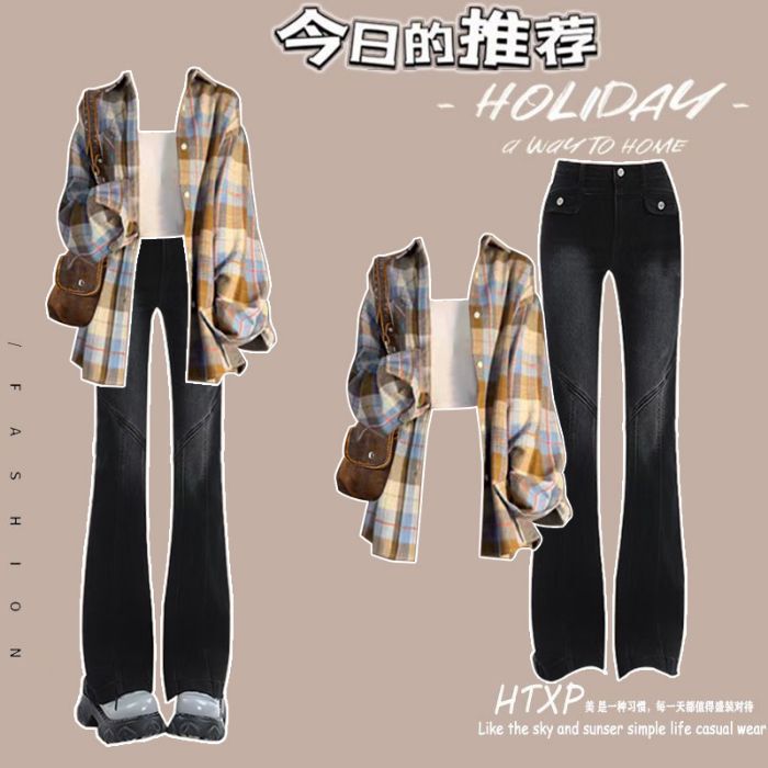 Fashion Suit # Maillard Plaid Shirt, Thin Jacket, Japanese Retro Shirt with Micro-Flared Jeans