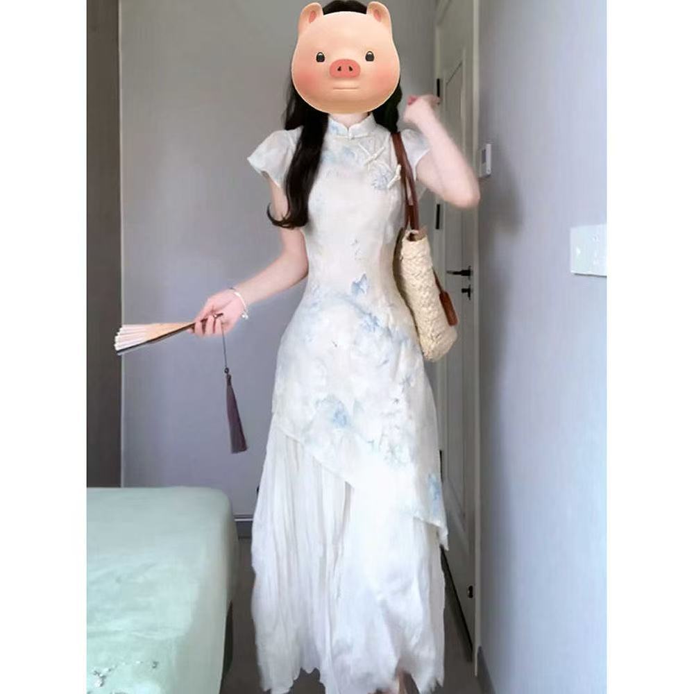中式国风印花旗袍两件改良连衣裙年轻少女裙子漂亮独特长裙