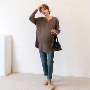 Autumn and Winter Maternity Fashion Half Zip Crewneck Maternity Base Sweater Mid-length Elastic Slim-fit Slim-fit Sweater