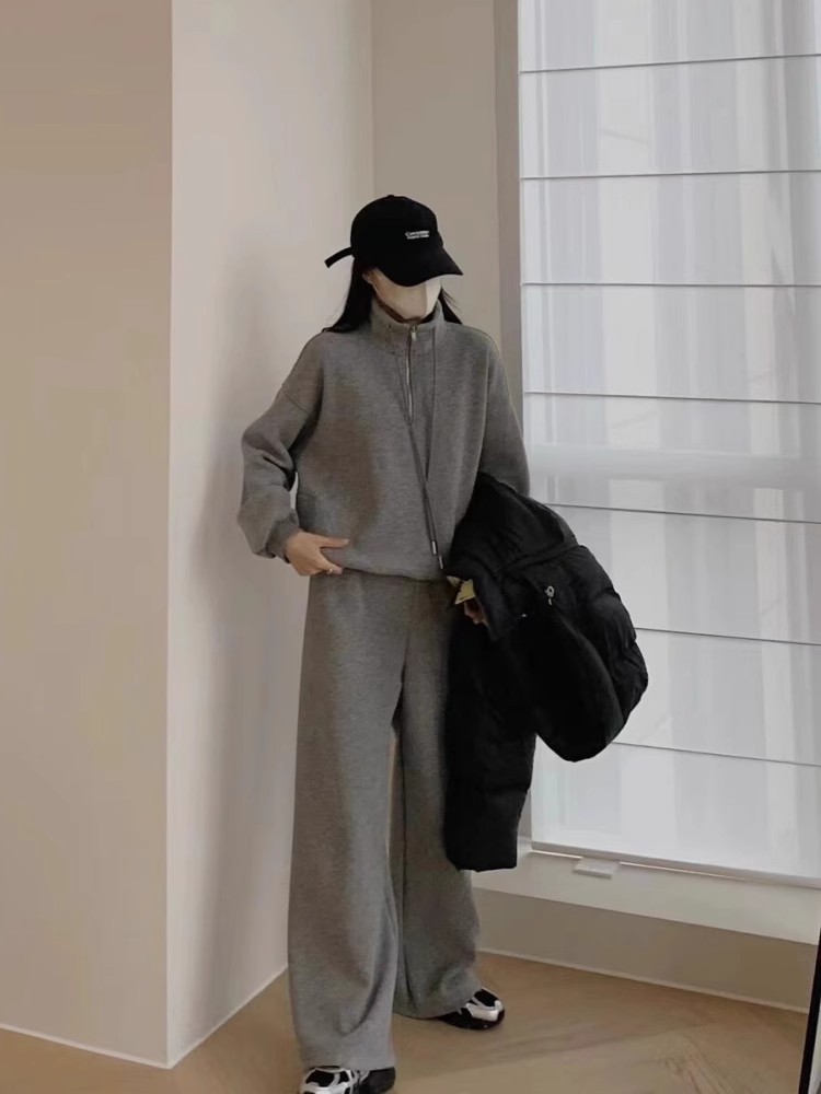 Tuta sportiva casual in cashmere ActiveGo Lazy Style per donna, felpa con collo alto e gamba larga, foderata in pile, calda per autunno e inverno_voghion.com