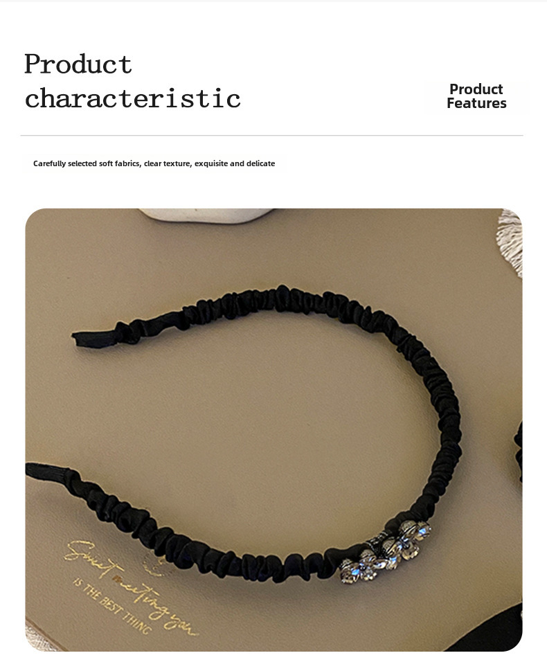 Black Satin Flower Crystal Headband With Rhinestone Side Clip_voghion.com