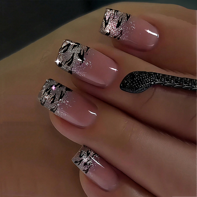 Cross-Border 24-Piece Leopard Print Wearable Nails, Short Nails, Glitter French Square Nails, Manicure Nails, Wearable Nails
