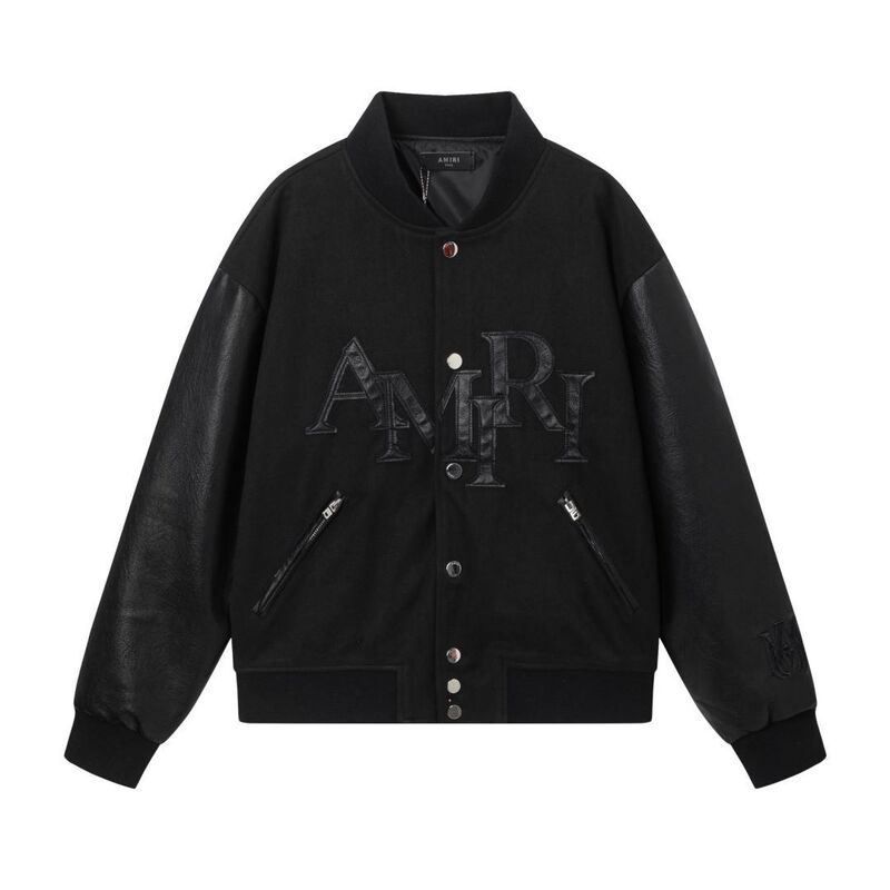 AMIRI Spring and Autumn Men's Casual Leather Sleeve Letter Jacket Leather Decoration Street Baseball Suit Top Jacket