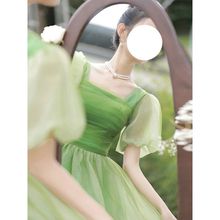绿色泡泡短袖方领连衣裙女夏季仙女裙感法式收腰长裙蓬蓬裙子