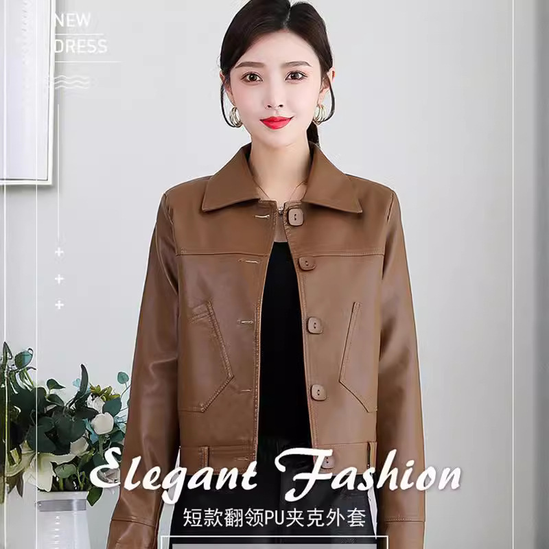 Wholesale Haining Leather Jacket for Women, Korean Style Pu Leather Jacket, Loose Short Motorcycle Leather Coat, Commuter Style, Loose Fit