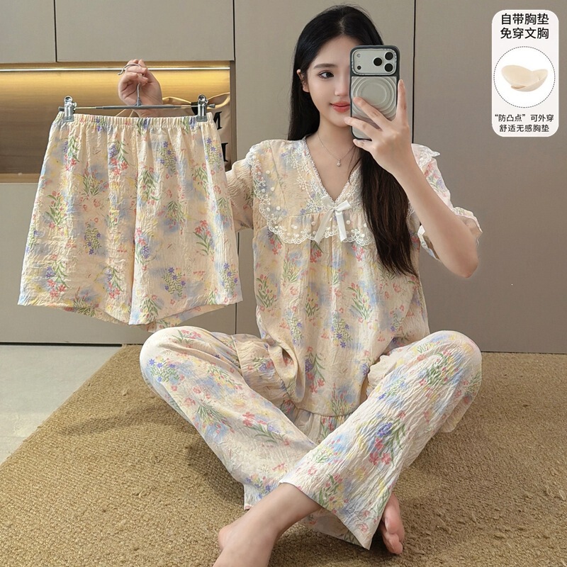 New Style Cloud Cotton Pajamas for Women, Summer V-Neck with Fixed Chest Pads, Short-Sleeved Long Pants Three-Piece Set, Home Wear That Can Be Worn Outside