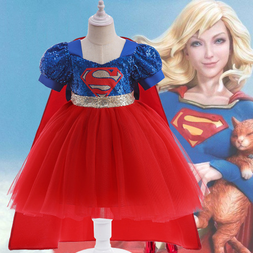 Cosplay Marvel Heroes Superman Spliced Dress with Cape Children's Glitter Performance Gown 
