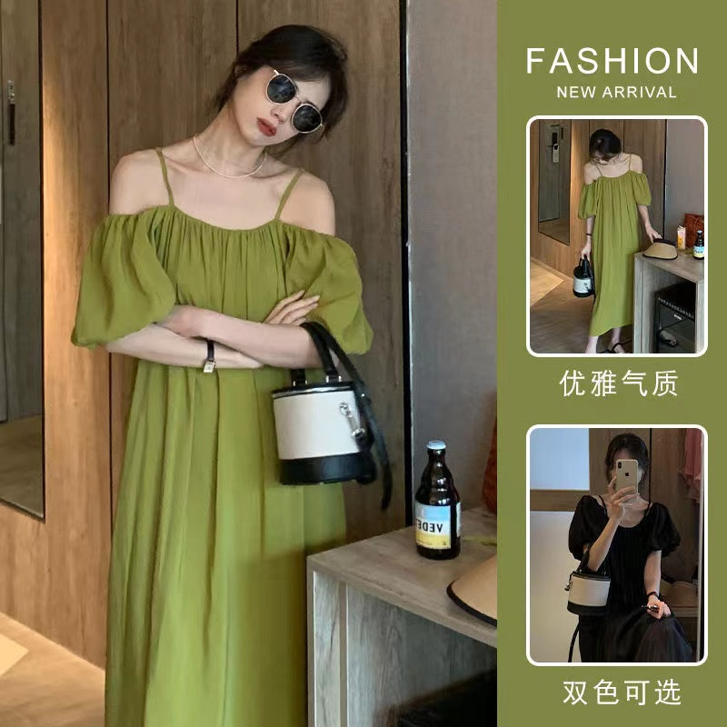 2023 New Off-shoulder French Dress High-end Summer Loose Strap Off-shoulder Short-sleeved Green Long Dress for Women 2023 New Off-shoulder French Dress High-end Summer Loose Strap Off-shoulder Short-sleeved Green Long Dress for Women