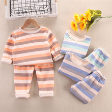 加絨保暖冬季新款嬰幼寶寶套條紋圓領打底衫百搭兩件套潮廠家批發