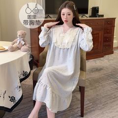 云朵棉睡衣女春秋季带胸垫韩系公主风波点长袖睡裙宽松大码家居服