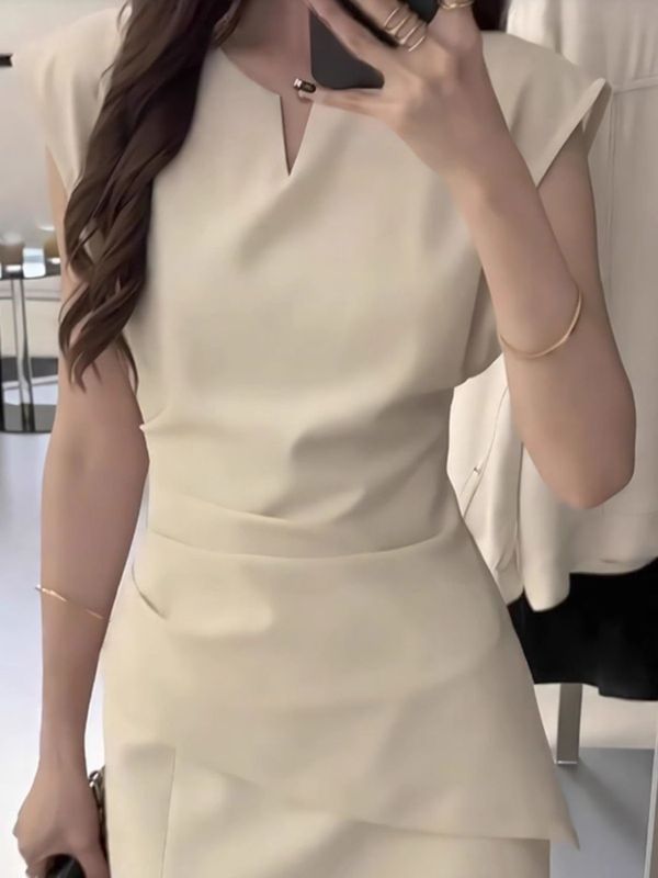 时尚气质名媛风V领不规则收腰短袖女2025夏季设计感独特别致上衣|undefined