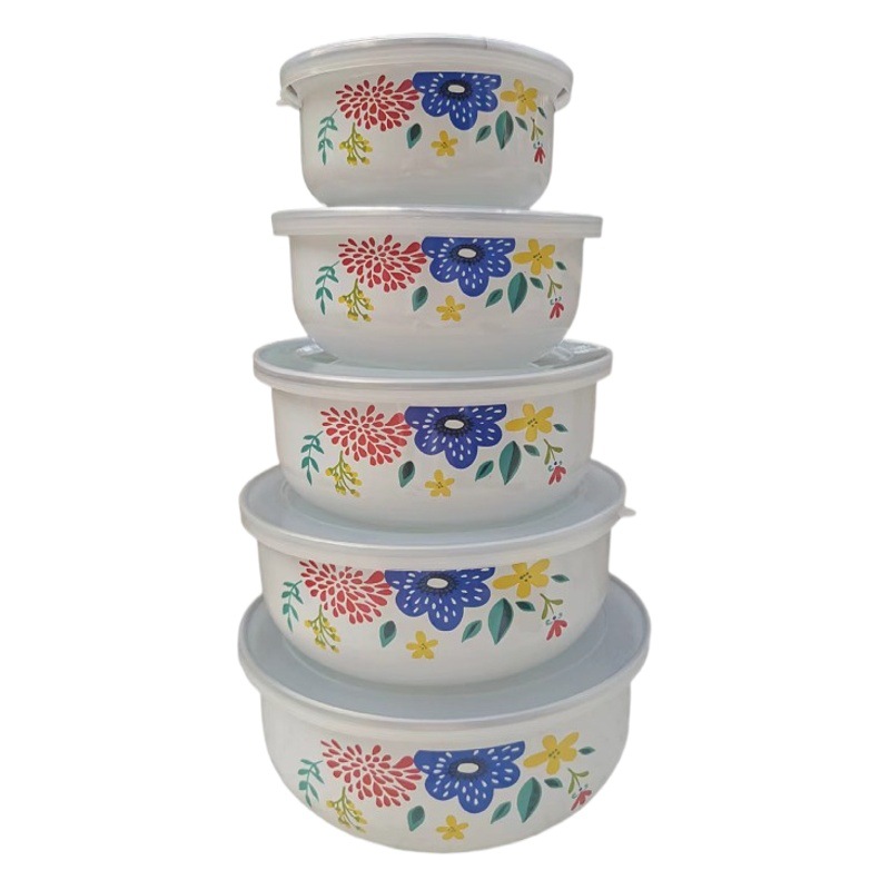 Esmalte de esmalte con tapa hogar fresco mezclado ensalada frutero refrigerador almacenamiento apilable 5 piezas tazón de arroz tazón de sopa