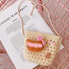 HD3365A04高級感貓貓頭時尚草編包包兒童小號斜挎包零錢包百搭女