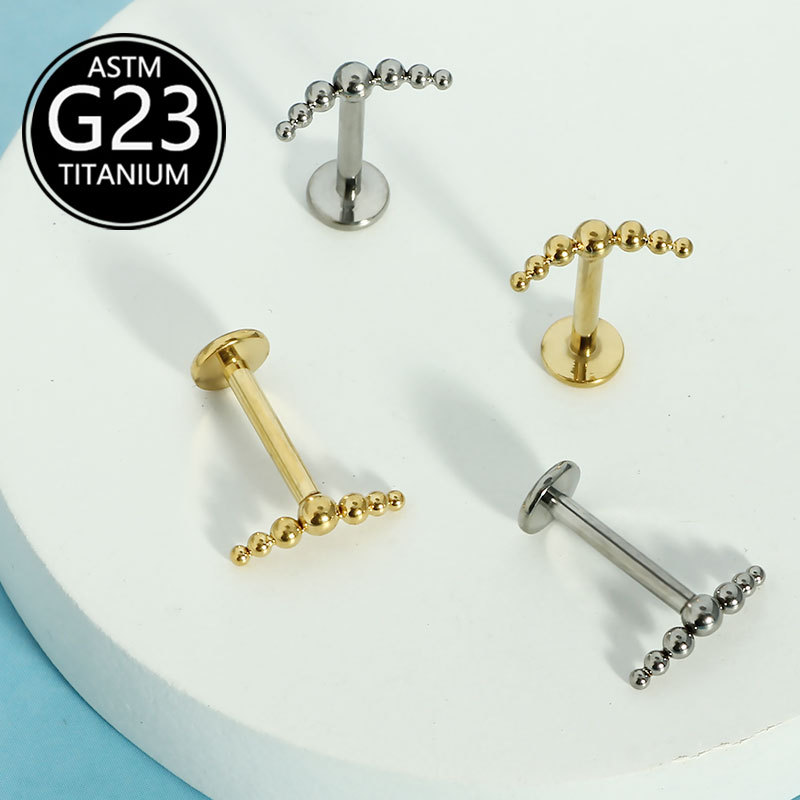 G23 Titanium Internally Threaded Lip Stud with Seven Beads Round Top 6-10mm detail image 7