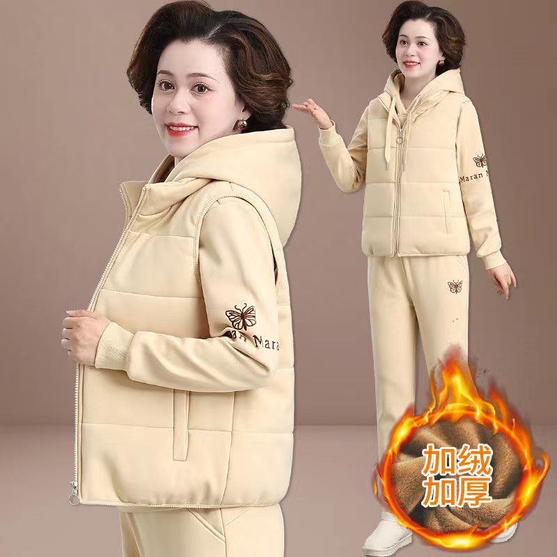 Mother's Autumn and Winter Vest Three-piece Set Middle-aged and Elderly fleece-lined Thickened Sportswear suit Women's Cold-proof Winter Coat New