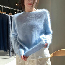 港米服饰/2025羊毛羊绒拉绒女圆领拉绒毛衣宽松慵懒风拉毛针织衫