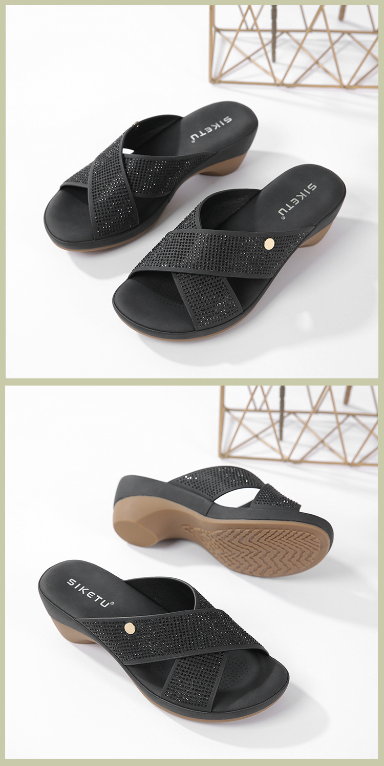 Sandal cao gót nữ hở mũi đính đá gót dốc chống trượt đi làm 2025 — Màu đen, Màu xanh lá, Màu mơ chi tiết 13