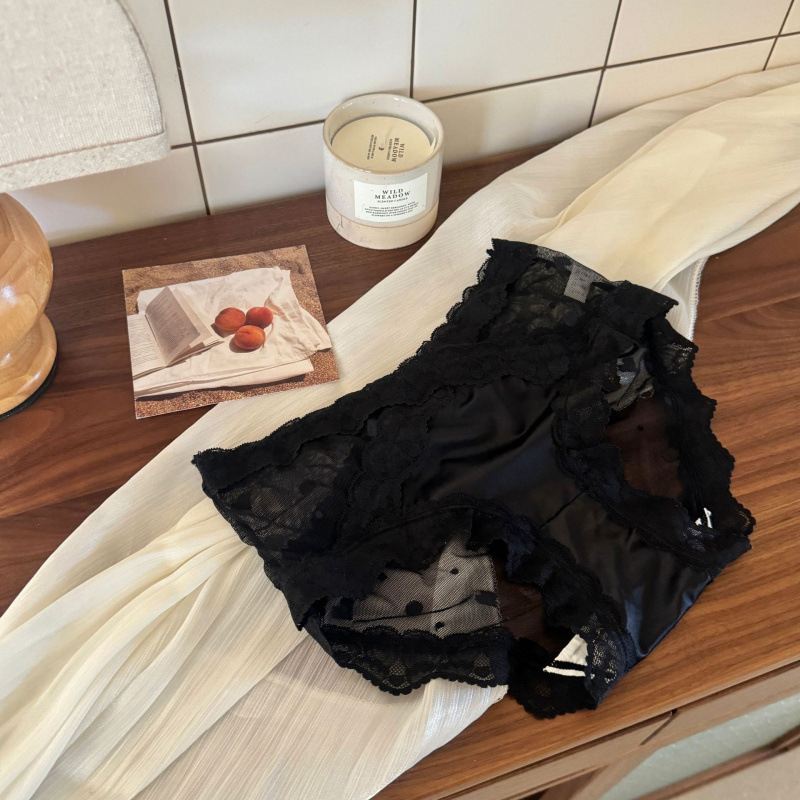 贵妇蕾丝边网纱少女高弹舒适亲肤纯欲半透明中腰纯色女士三角裤|undefined