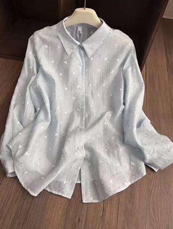 蓝色蝴蝶防晒衬衫外套女夏季薄款外搭开衫衬衣后背镂空慵懒风上衣|undefined