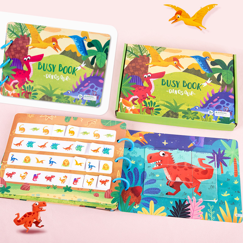 Venta al por mayor iluminación educación temprana dinosaurio animal quiet busybook libro ocupado de los niños juguetes educativos repetidamente pegar libro