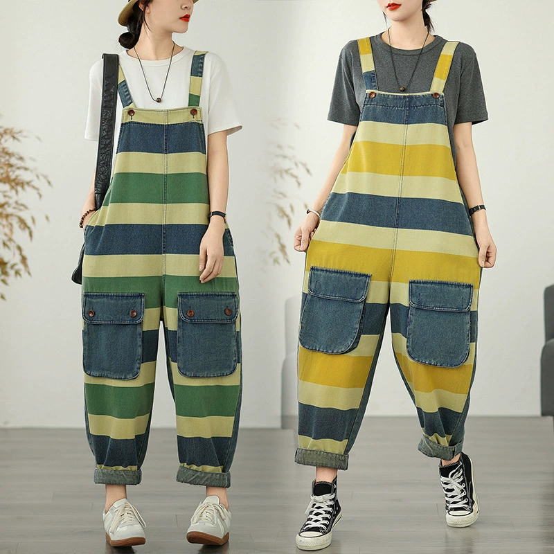 Новые повседневные женские джинсовые комбинезоны большого размера с принтом в полоску и девятью точками