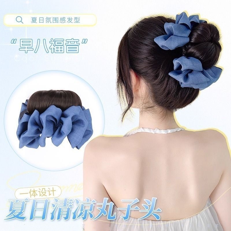 2025新版女款花苞丸子头女本时尚蓝色牛仔抓夹丸子夹增发量假发|undefined