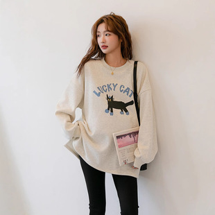 Lucky Cat Print Fleece-Lined Crew Neck Sweatshirt, Korean Style Maternity Wear, Loose Casual Long-Sleeve Pullover Top, Trendy