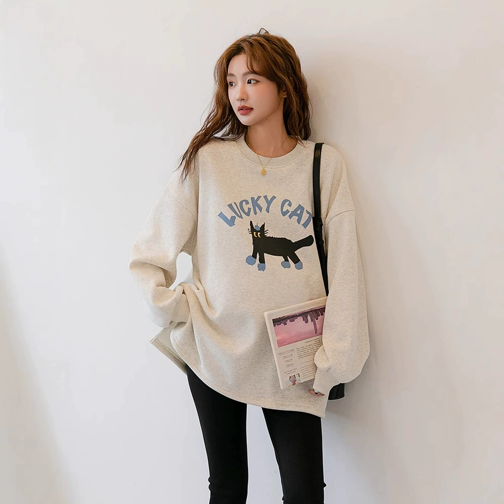 Толстовка с круглым вырезом на флисовой подкладке и принтом «Счастливый кот», одежда для беременных в корейском стиле, свободный повседневный пуловер с длинными рукавами, модный.