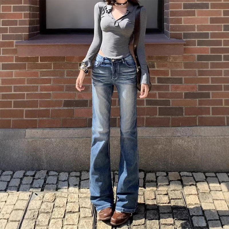 American Retro Low-Waist Narrow-Fit Jeans for Women, New Elastic Slim-Fit Hot Girl Style, Flattering and Versatile, Slightly Flared Floor-Length Pants