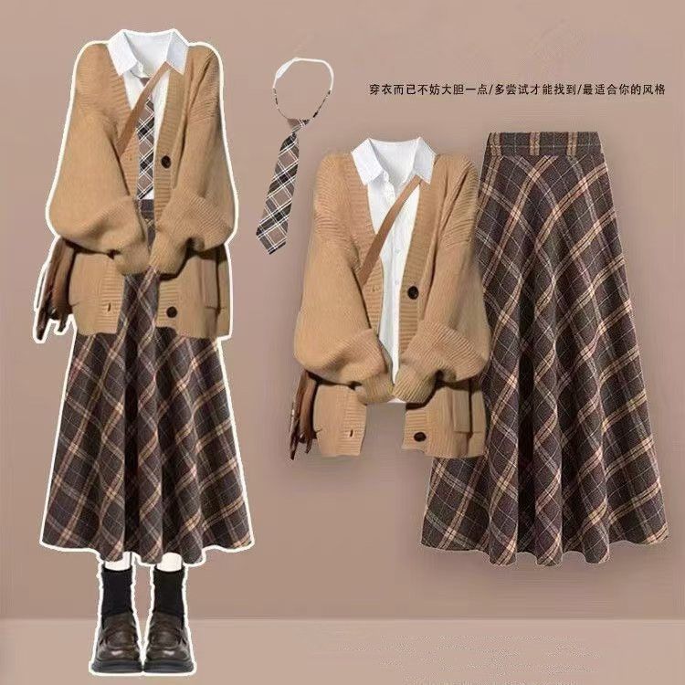 2025秋冬款韩系学生穿搭针织开衫外套女+衬衫+领带+格子裙四件套