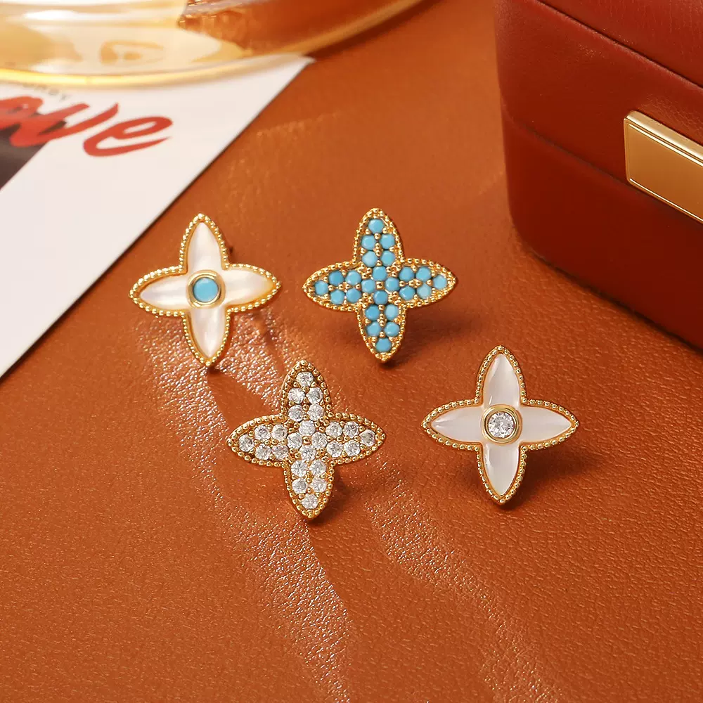 天然贝母不对称四叶草耳钉高级感时尚精致百搭耳饰网红风流行饰品