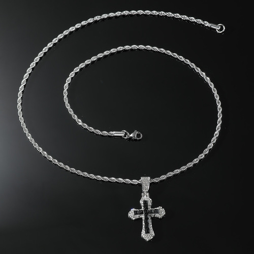 Trendy European and American Men's Full-Diamond Cross Necklace, Men's Stainless Steel Twisted Chain, Stylish Hip-Hop Long Sweater Chain Jewelry