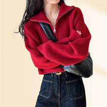 韩系设计感半高领拉链红色针织衫女2025秋冬新款高腰毛衣宽松上衣
