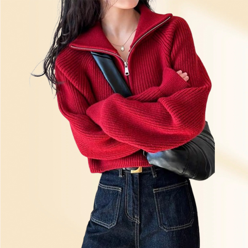韩系设计感半高领拉链红色针织衫女2025秋冬新款高腰毛衣宽松上衣