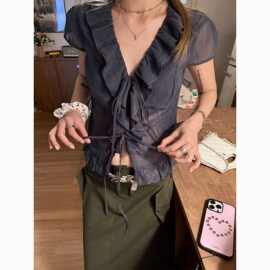 格纹短袖衬衫设计上衣高级灰蓝小众压皱冷感款防晒衬衣荷叶边轻薄