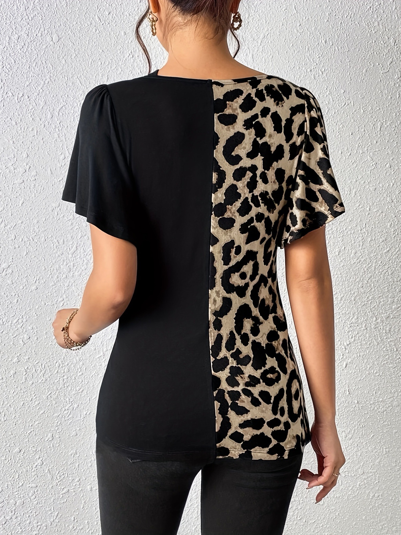 New Women's Leopard Print Asymmetrical Collar Butterfly Sleeve Patchwork Top European American Style_ecoleips.com