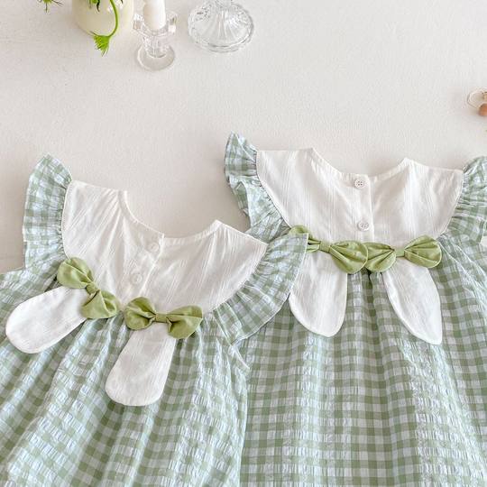 Baby's Plaid Bag Fart Clothes 2025 New Summer Baby Girl Super Cute Embroidered Rabbit Hare Flying Sleeve Lightweight Climbing Wear