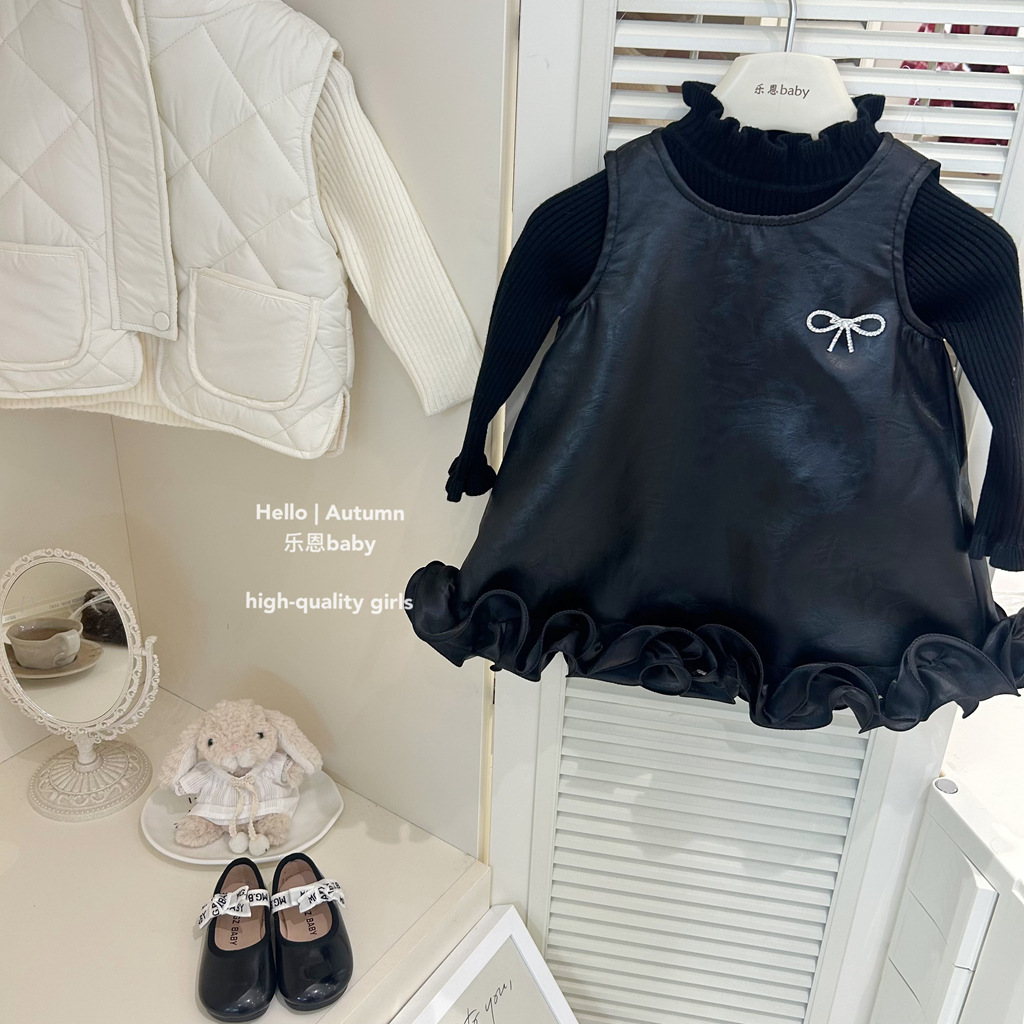 [Ropa de Niños de Leen] Año Nuevo de invierno de niñas chaleco de lana negro vestido de moda vestido de cuero