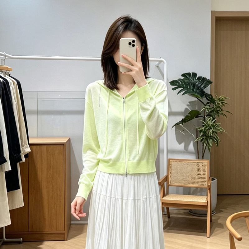 2026 Summer New Style Light Green Thin Mesh Hooded Knitted Cardigan for Women 4H5232011 2026 Summer New Style Light Green Thin Mesh Hooded Knitted Cardigan for Women 4H5232011