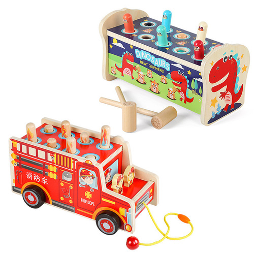 Wooden whack-a-mole game toy, fun parent-child interactive leisure toy, children's educational early education, fire truck