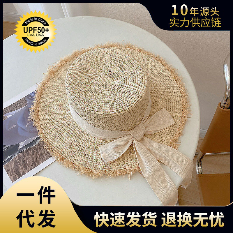 Summer Large Brim Raffia Butterfly Knot Hand-woven Beach Sand Hat Sunshade Face Covering Raffia Hat