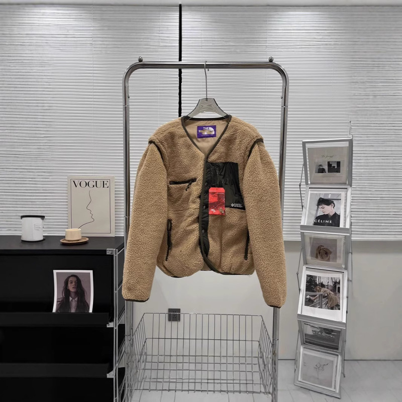 Tn North Face Winter Men's and Women's Couple's Sleeve-off Lamb Wool Cotton Clothes Japanese Style Retro Color-block Cardigan Jacket Fashionable 2250