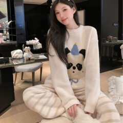 半边绒睡衣女冬季加厚珊瑚绒韩版学生可爱卡通保暖套装大码家居服
