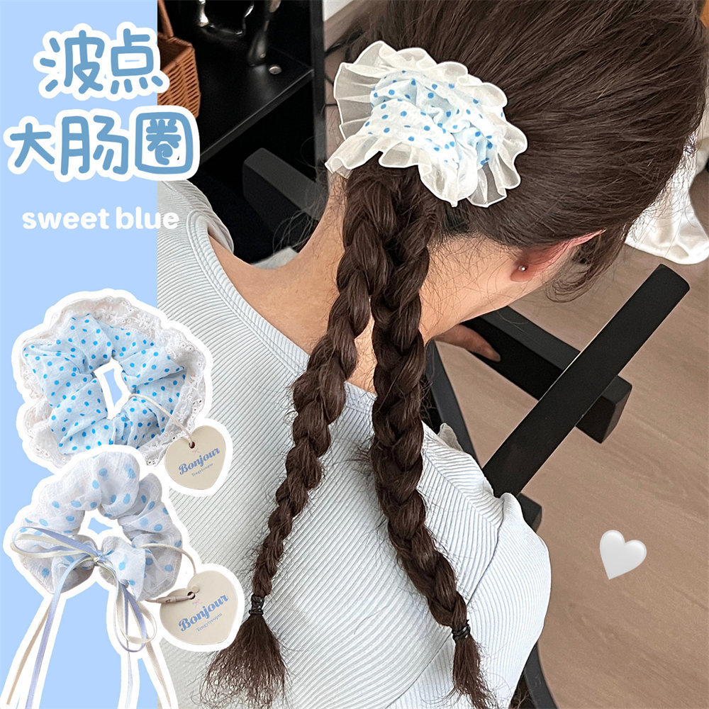 Nuevo azul ondulado punto encaje intestino anillo de cabello de cabello adorable chica cuerdas de cabello de cola de caballo universal adorno de cabello dulce