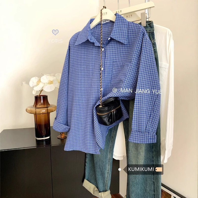 Blue Plaid Long-Sleeved Shirt Jacket Top Women's Early Autumn Retro Lazy Style Loose Casual Slim Plaid Shirt Blue Plaid Long-Sleeved Shirt Jacket Top Women's Early Autumn Retro Lazy Style Loose Casual Slim Plaid Shirt