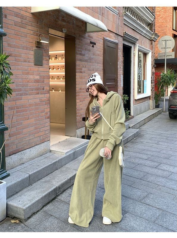 【自家工厂现货】小众连帽女卫衣外套上衣长裤阔腿裤拖地裤两件套|undefined