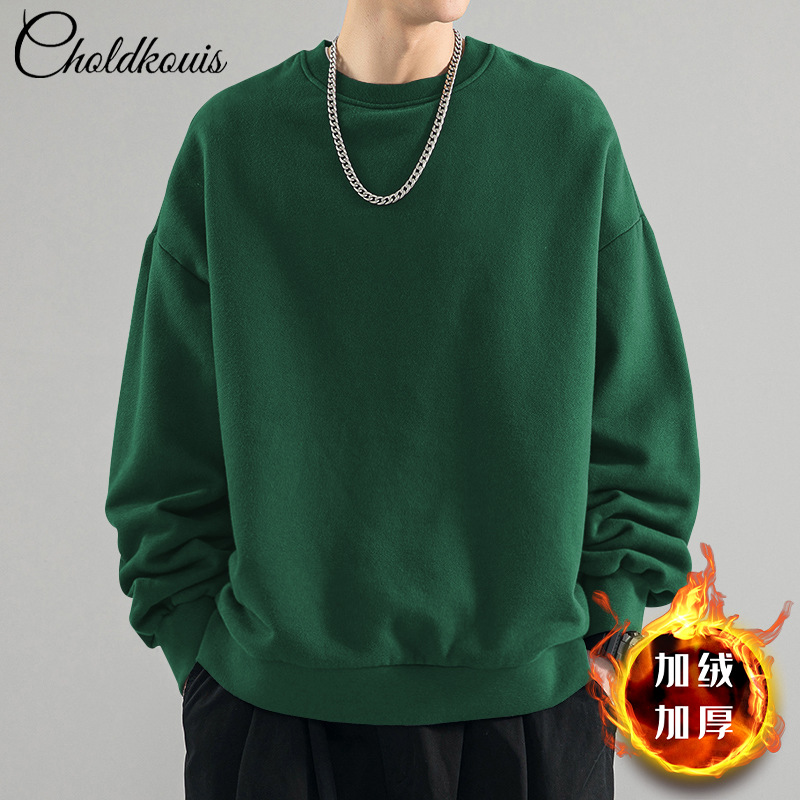 다크그린 라운드넥 스웨트셔츠 플러스 벨벳 스타일 - 솔리드 컬러 [GL]