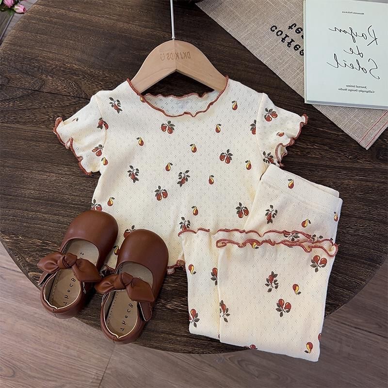 Girls' Summer Home Clothes suit Baby's Western Style Children's Personalized Trendy Korean Style Ear Edge Floral Air-conditioning Clothes Pajamas