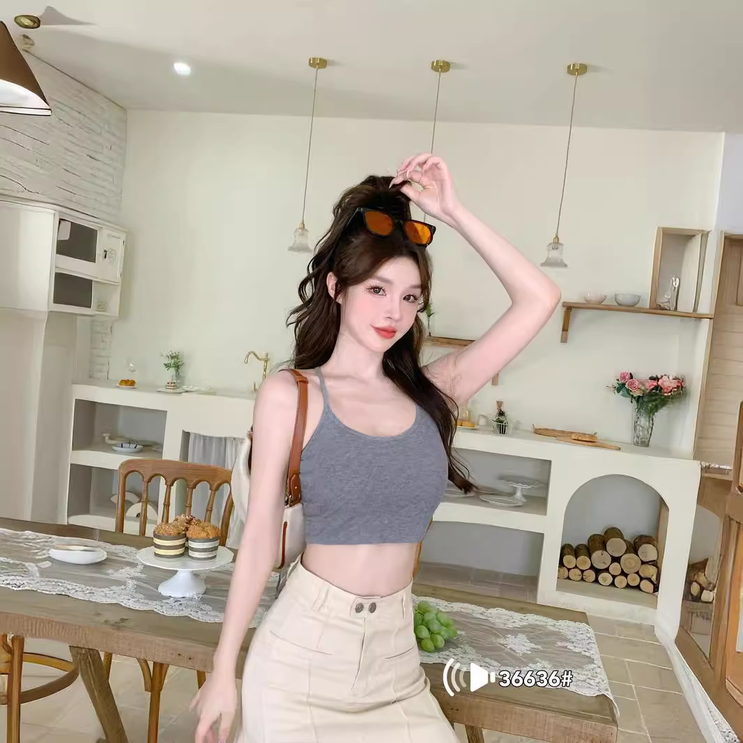 夏日RC螺纹棉设计感美背短款吊带一体固定杯内衣修身百搭背心打底